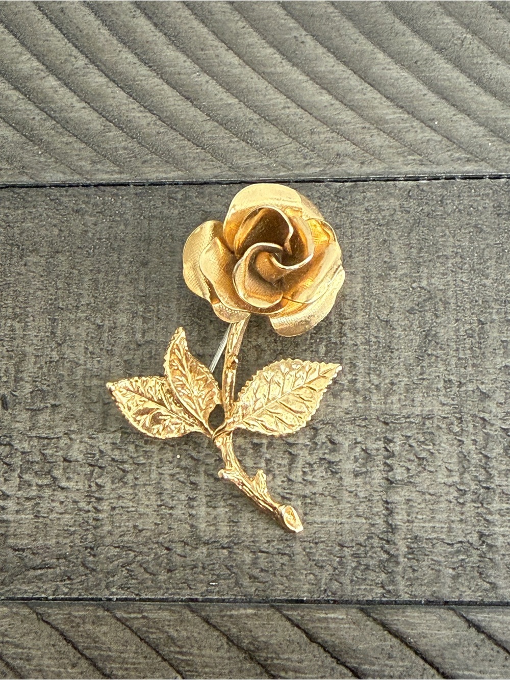 Gold Rose Stem Brooch - Elegant Floral Pin